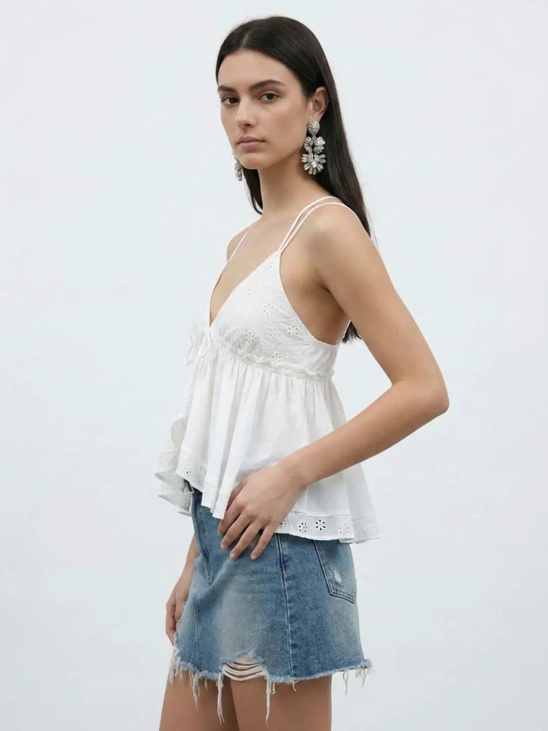 Embroidered Cotton Eyelet Tie Front Cami Top