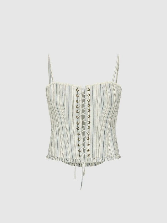 Striped Lace-up Sleeveless Cotton Ruffle Cami Top