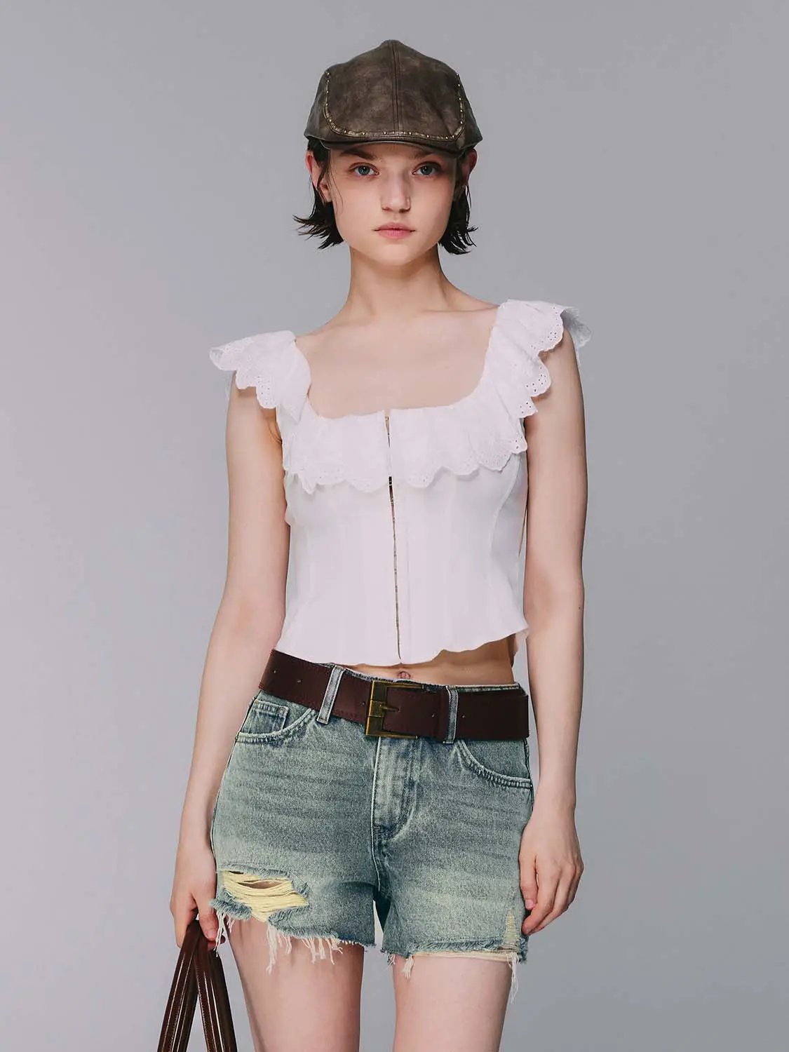 White Eyelet Ruffle Off Shoulder Front Zip Corset Crop Top