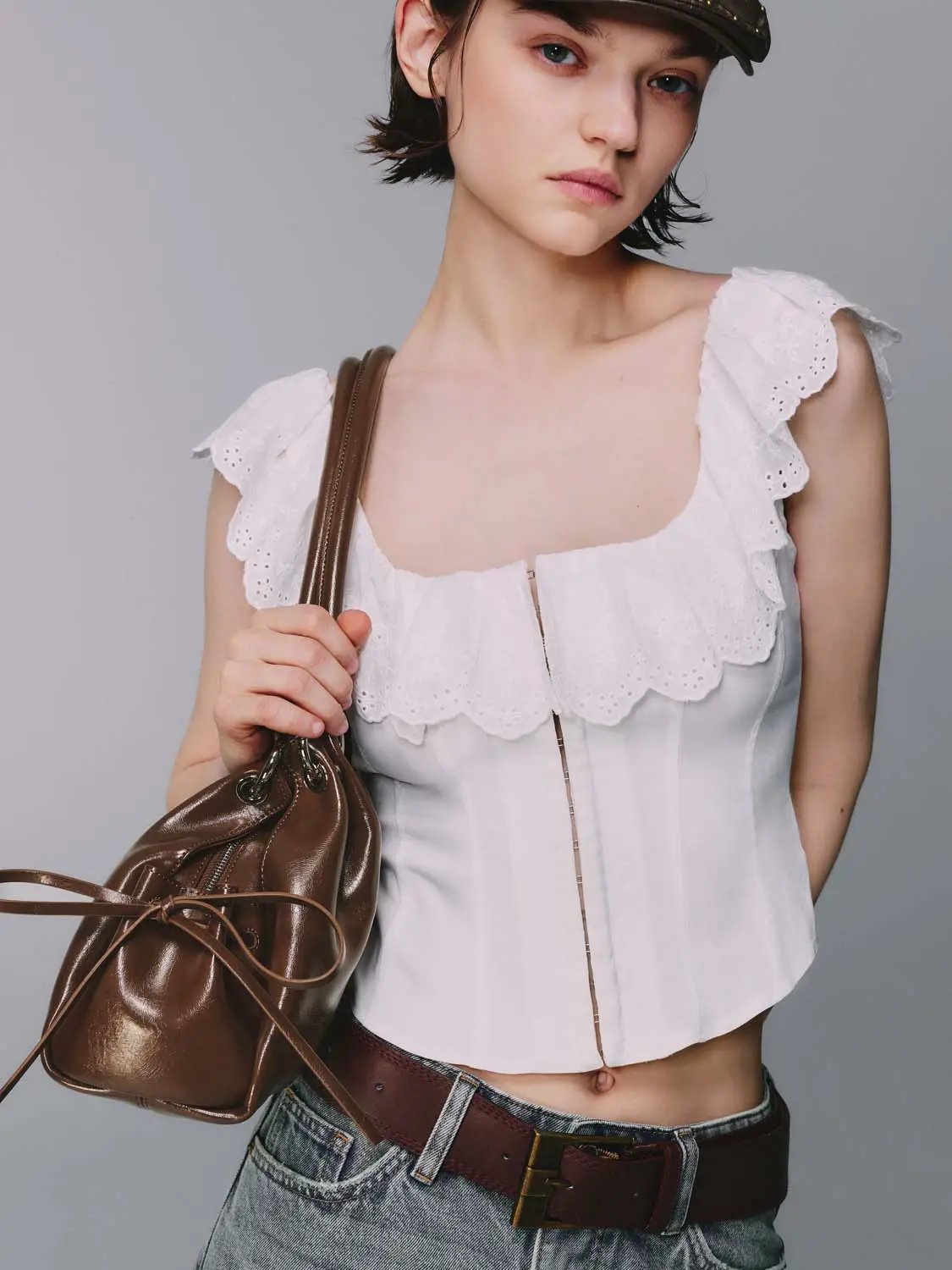 White Eyelet Ruffle Off Shoulder Front Zip Corset Crop Top