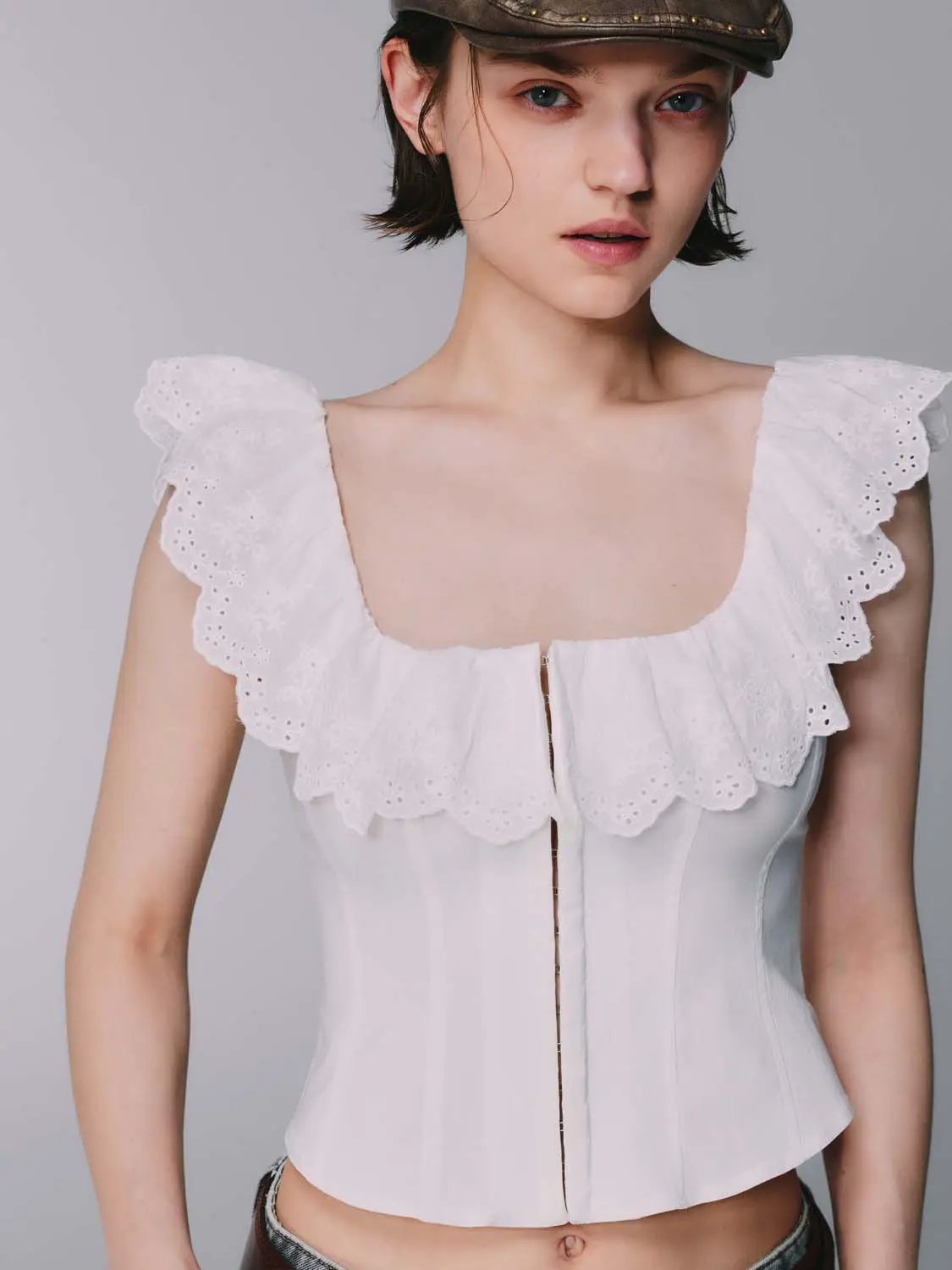 White Eyelet Ruffle Off Shoulder Front Zip Corset Crop Top