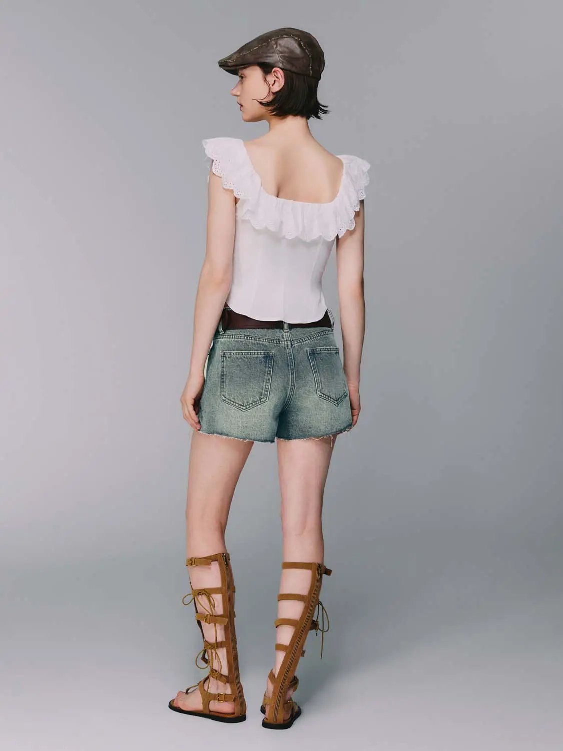 White Eyelet Ruffle Off Shoulder Front Zip Corset Crop Top