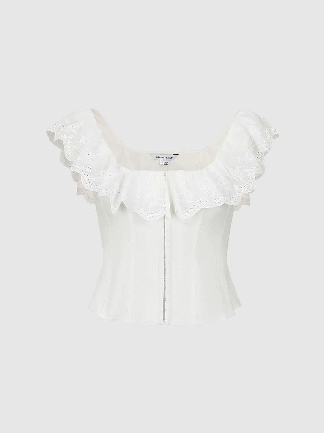 White Eyelet Ruffle Off Shoulder Front Zip Corset Crop Top