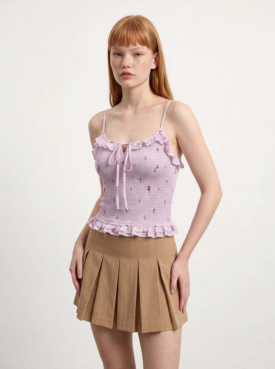 Square Neck Floral Print Ruffle Trim Smocked Cami Top