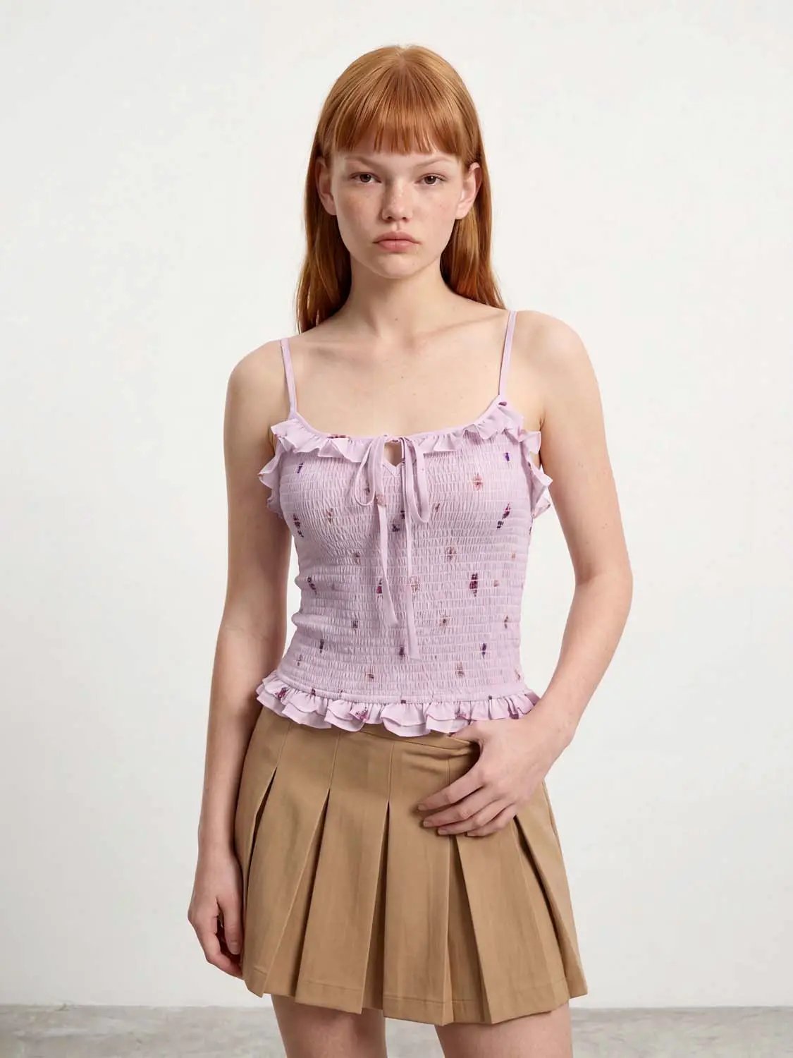 Square Neck Floral Print Ruffle Trim Smocked Cami Top