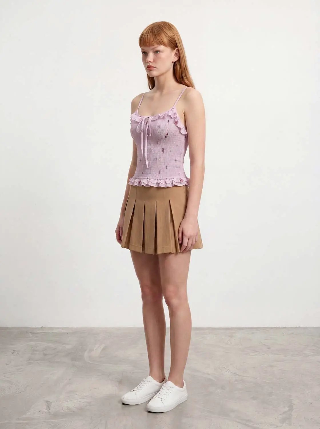 Square Neck Floral Print Ruffle Trim Smocked Cami Top