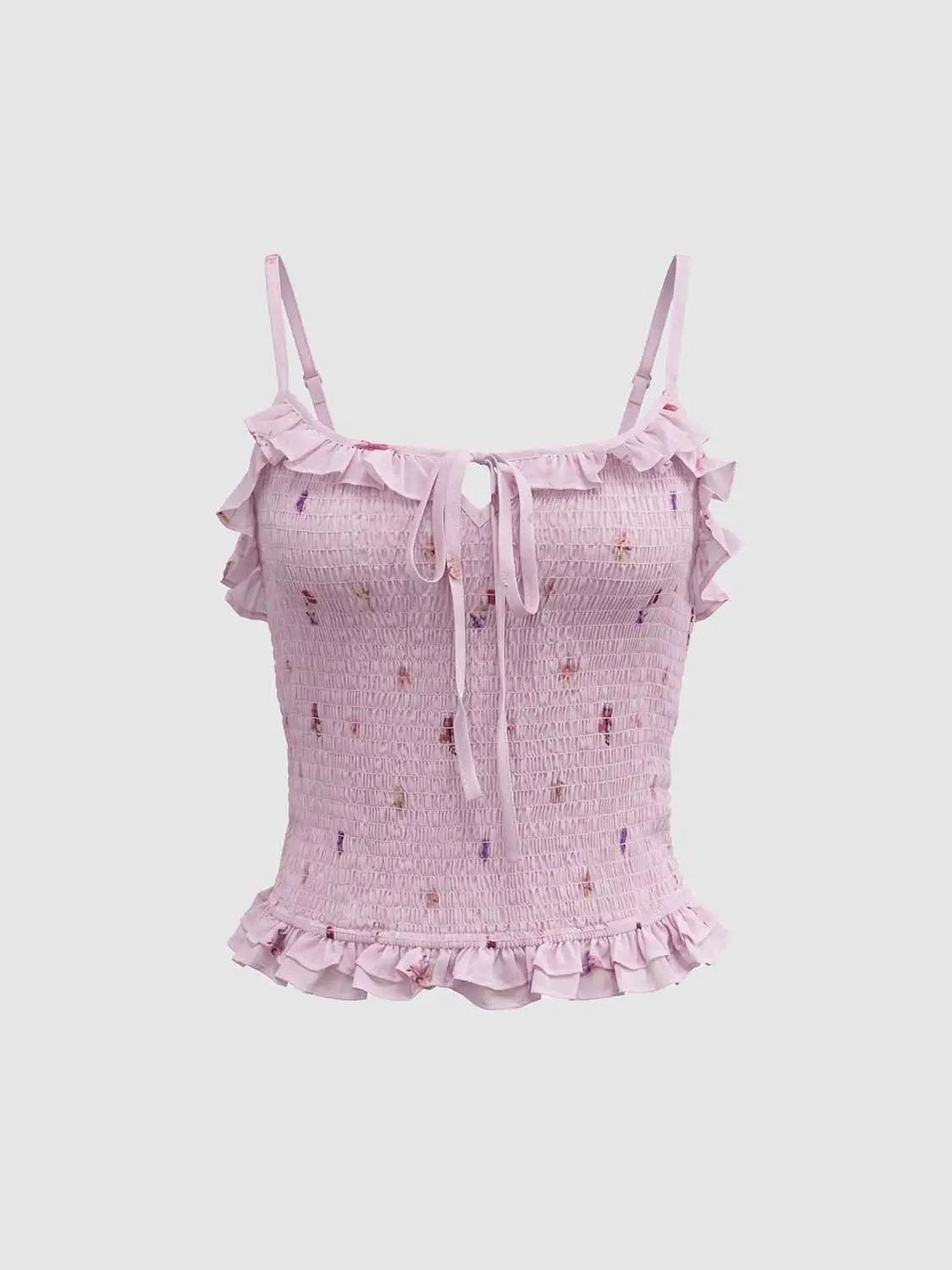 Square Neck Floral Print Ruffle Trim Smocked Cami Top