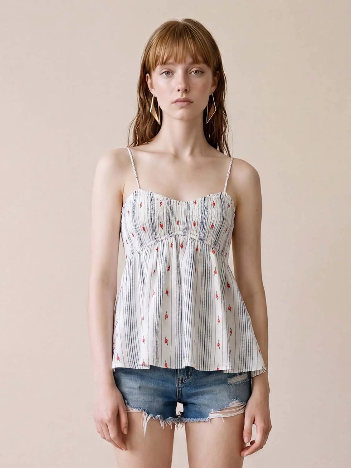 Sweetheart Smocked Floral Striped Cotton Spaghetti Cami Top