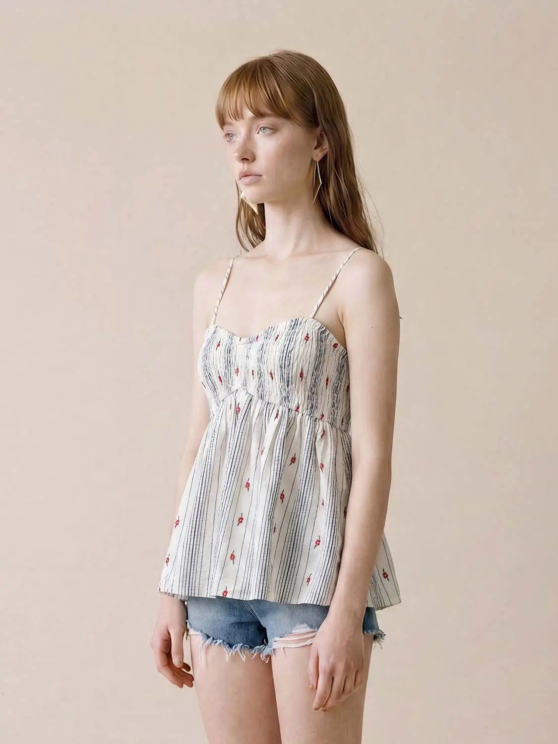 Sweetheart Smocked Floral Striped Cotton Spaghetti Cami Top
