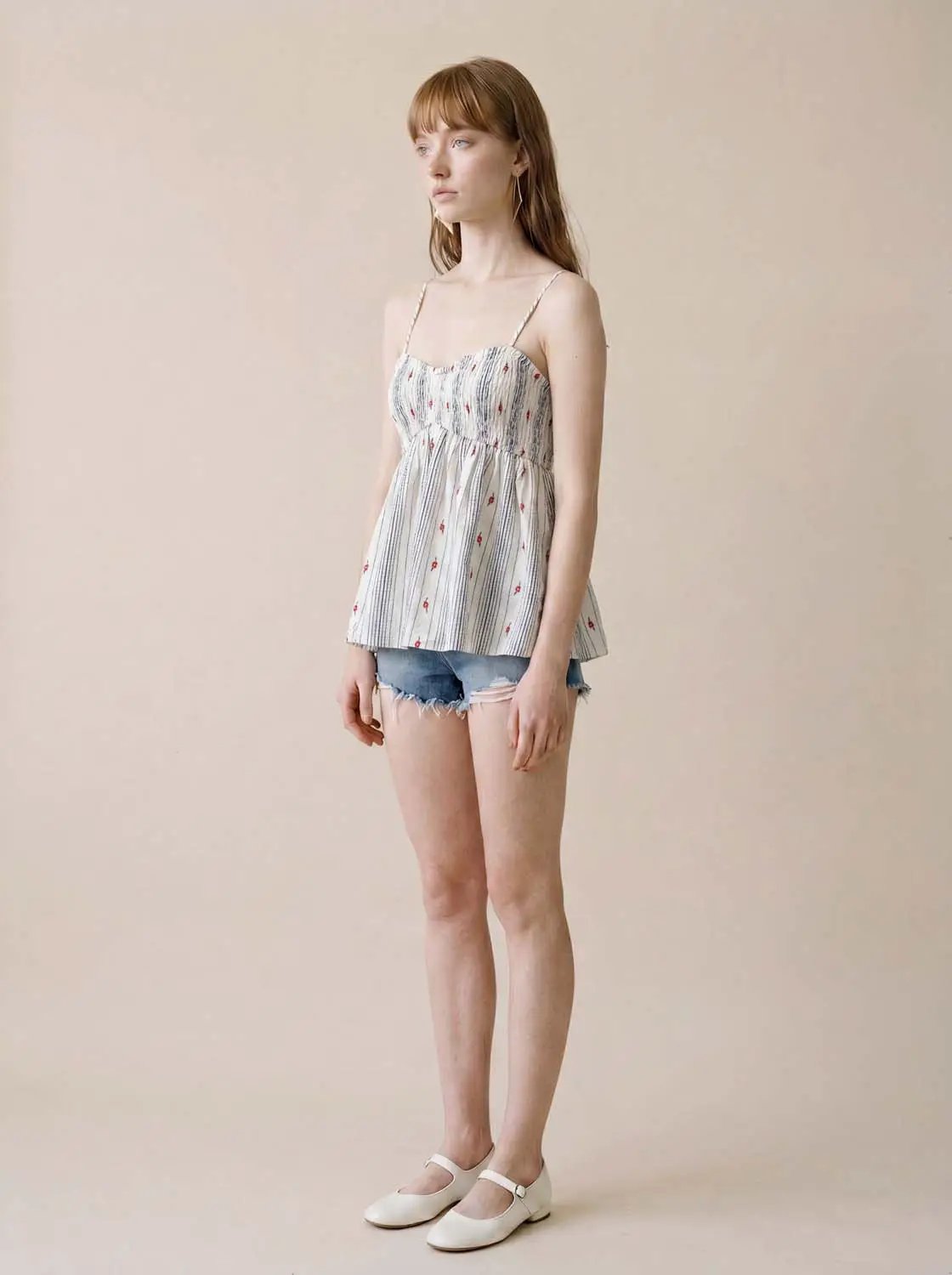 Sweetheart Smocked Floral Striped Cotton Spaghetti Cami Top