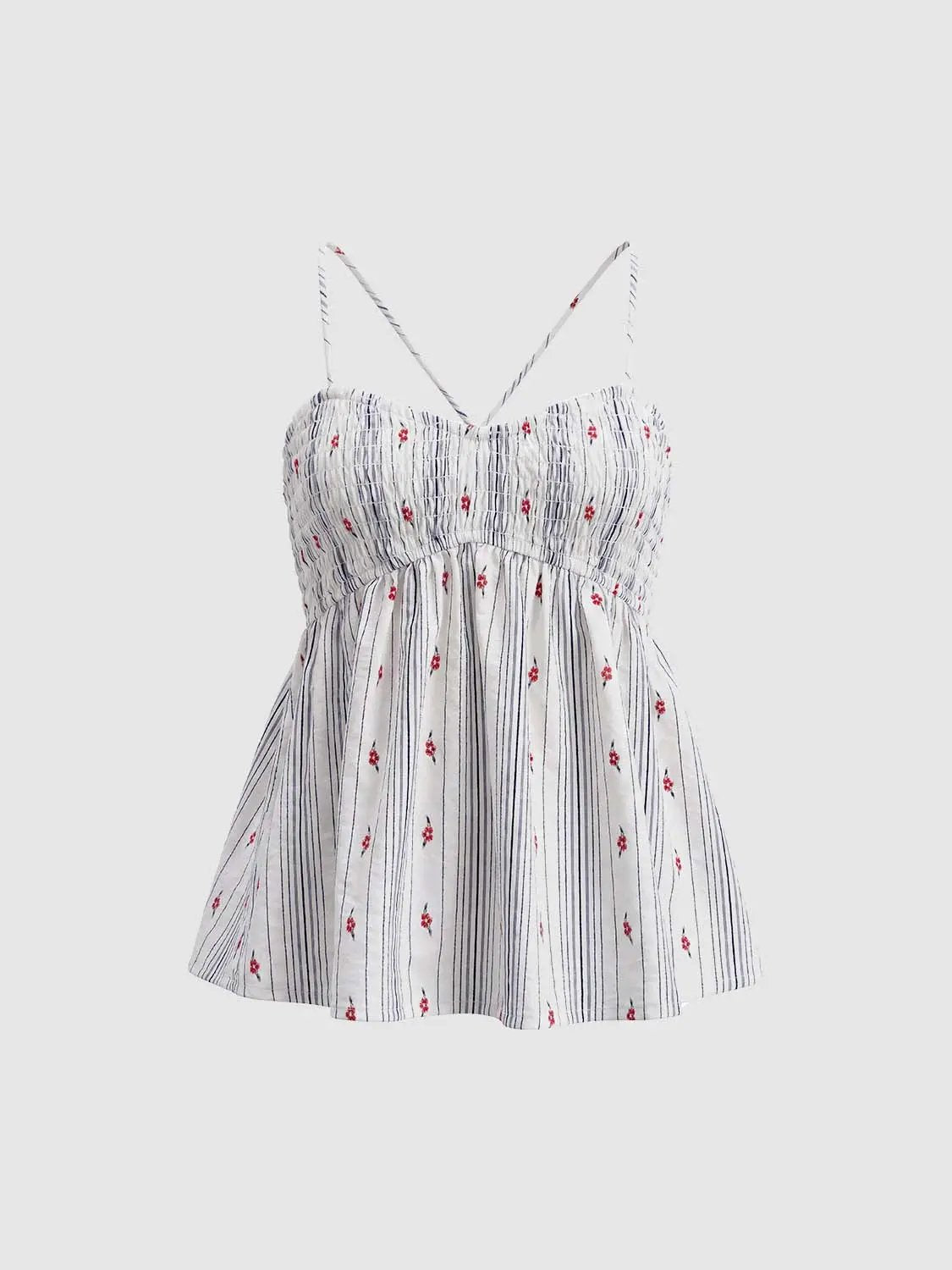 Sweetheart Smocked Floral Striped Cotton Spaghetti Cami Top