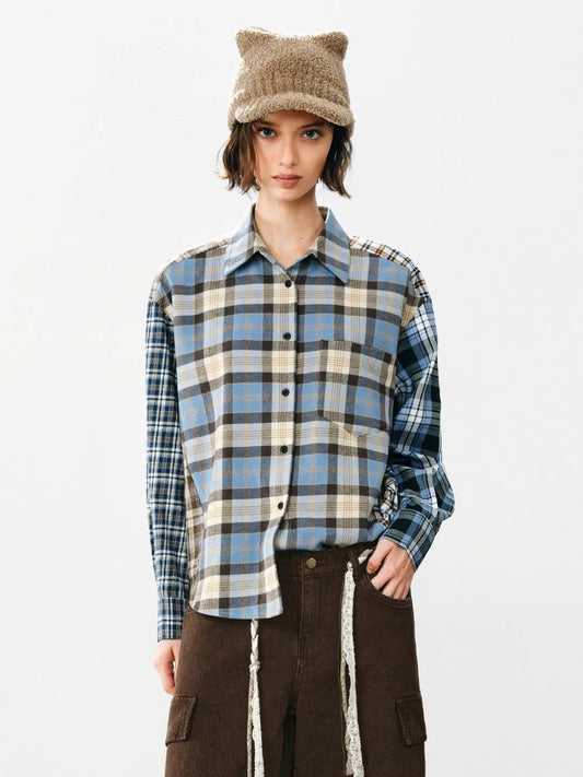 Patchwork Checked Shirt Collar Long Sleeve Cotton Shirt
