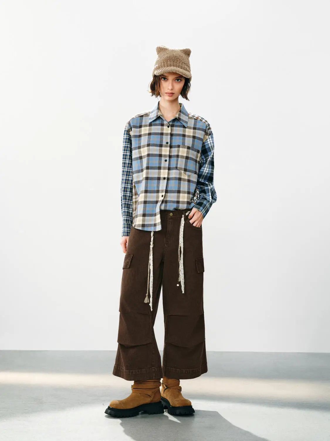 Patchwork Checked Shirt Collar Long Sleeve Cotton Shirt