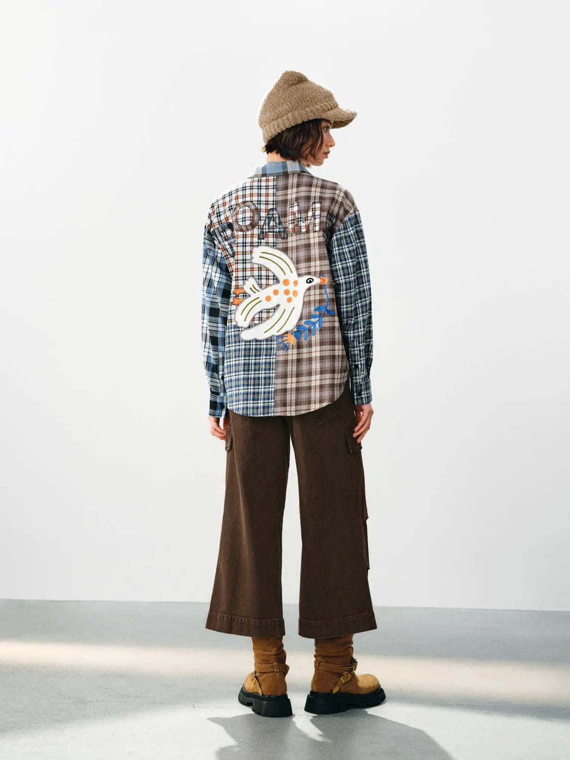 Patchwork Checked Shirt Collar Long Sleeve Cotton Shirt