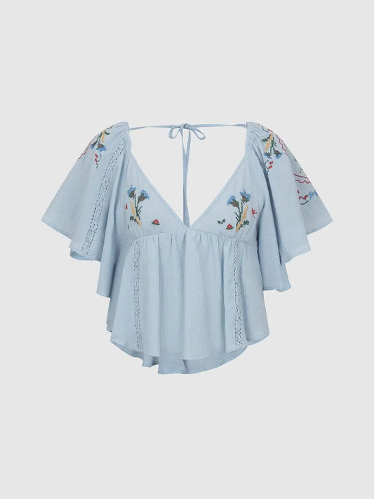 Embroidered Floral Ruffle V-Neck Short Sleeve Cotton Blouse