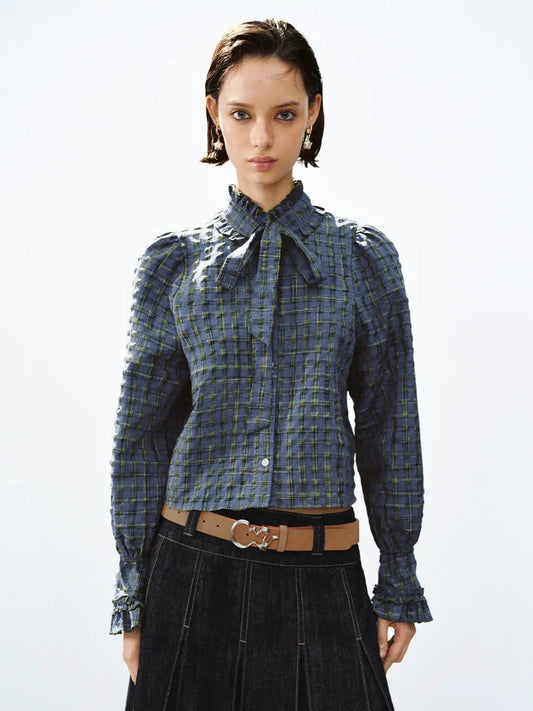 Textured Checked Ruffle Collar Tie Neck Long Sleeve Button Shirt