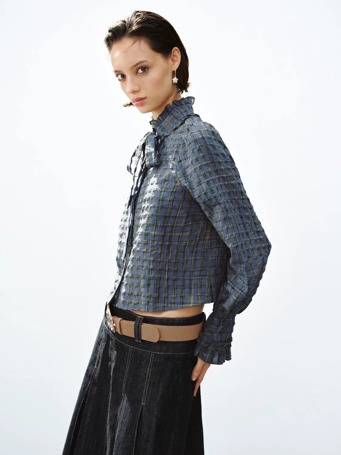 Textured Checked Ruffle Collar Tie Neck Long Sleeve Button Shirt