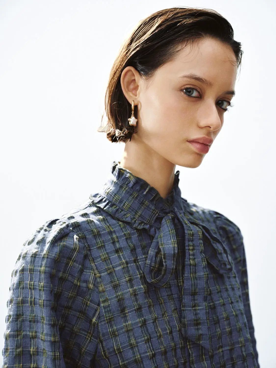 Textured Checked Ruffle Collar Tie Neck Long Sleeve Button Shirt