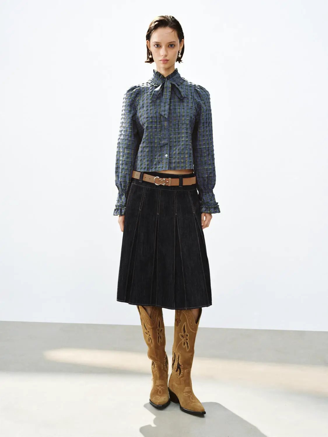 Textured Checked Ruffle Collar Tie Neck Long Sleeve Button Shirt