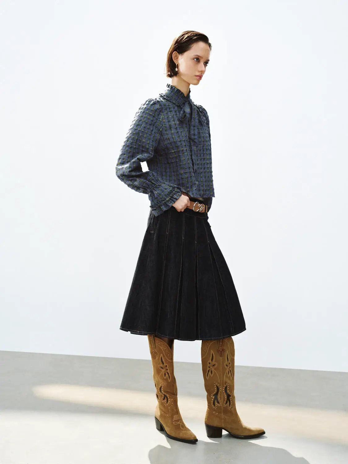 Textured Checked Ruffle Collar Tie Neck Long Sleeve Button Shirt