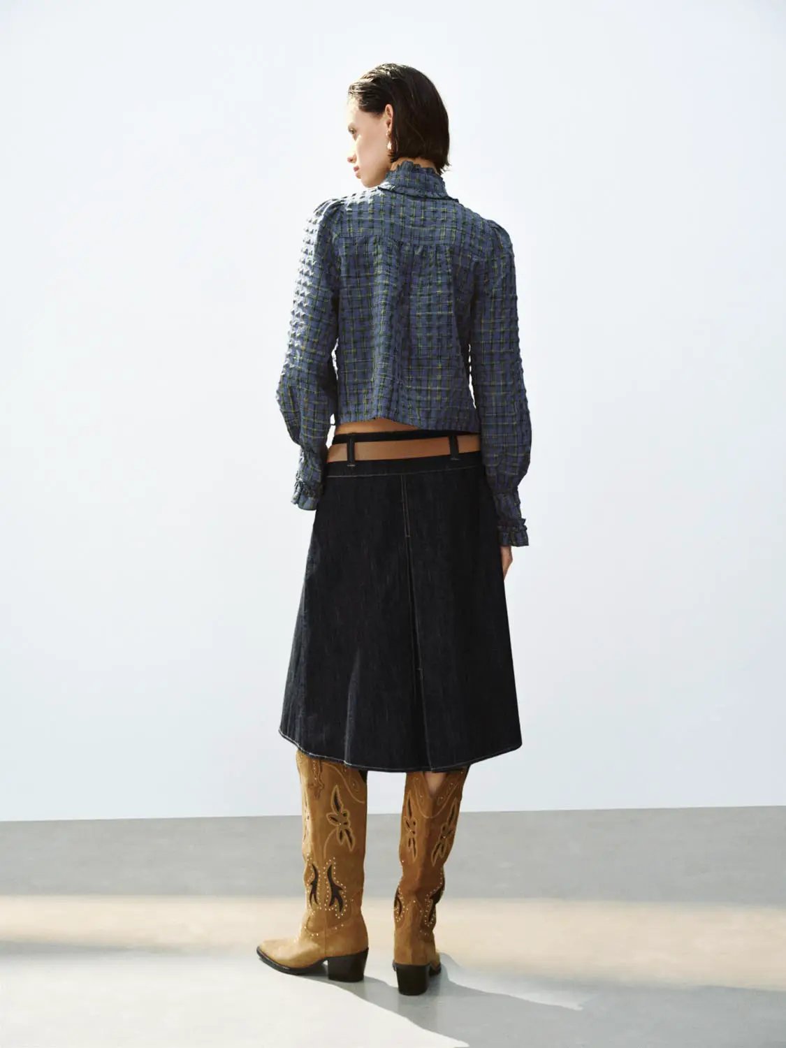 Textured Checked Ruffle Collar Tie Neck Long Sleeve Button Shirt