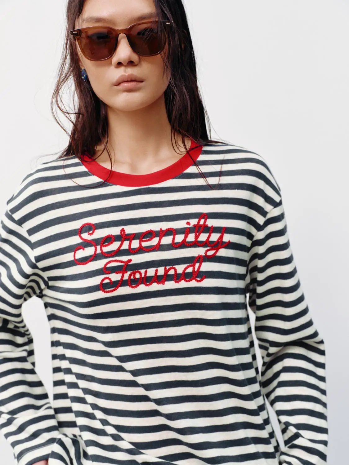 Striped Embroidered Long Sleeve Cotton T-shirt