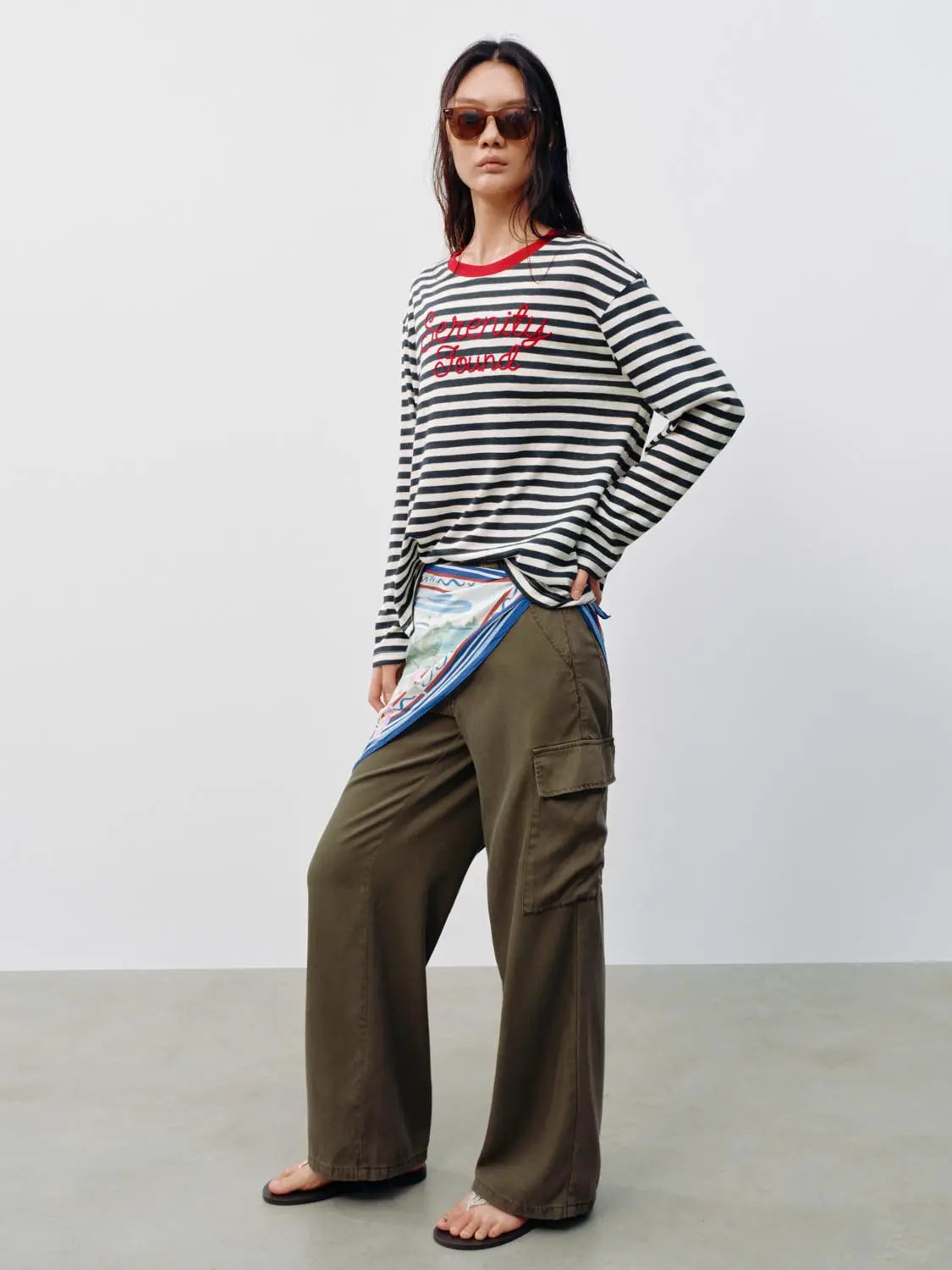Striped Embroidered Long Sleeve Cotton T-shirt