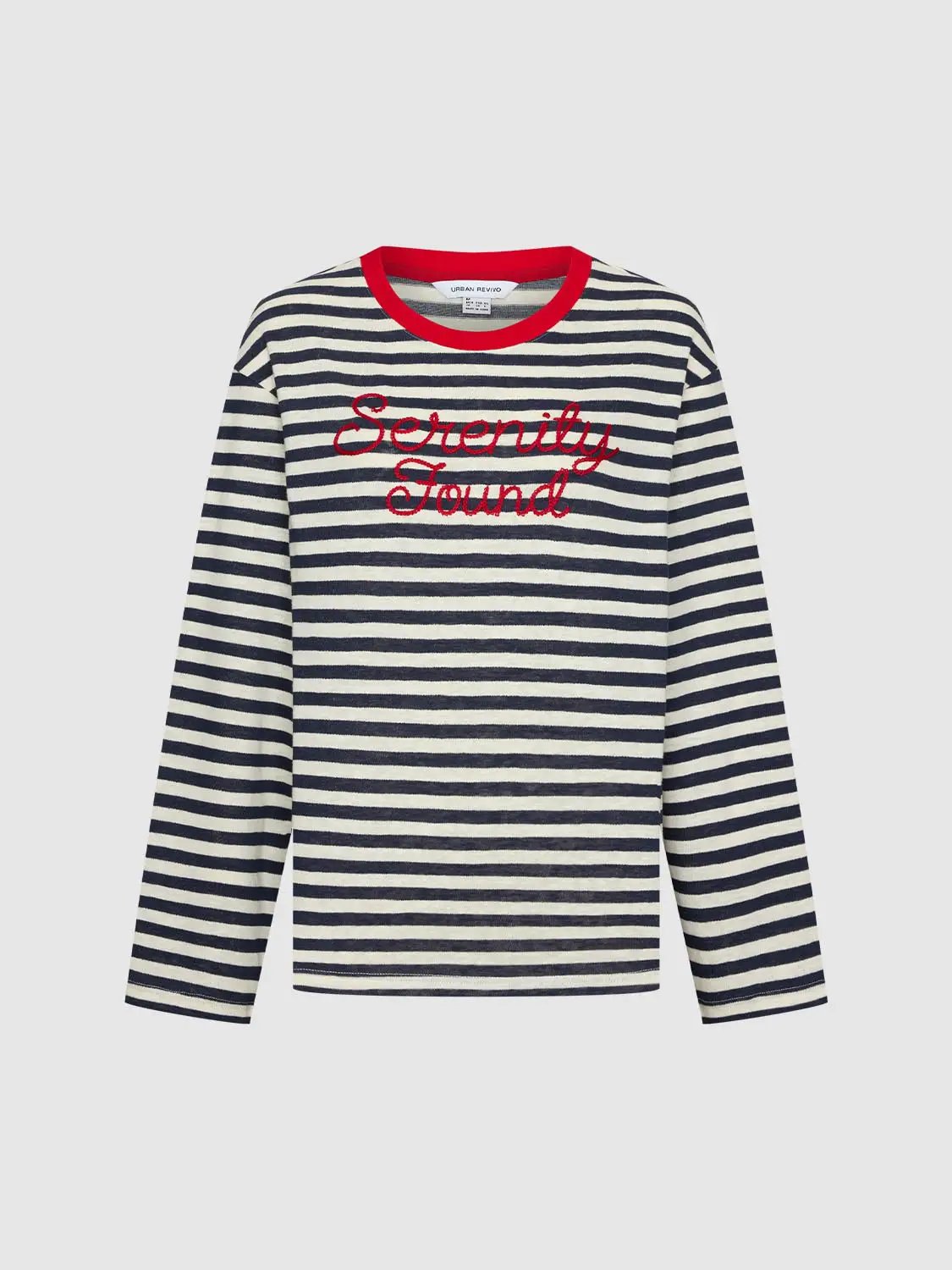 Striped Embroidered Long Sleeve Cotton T-shirt
