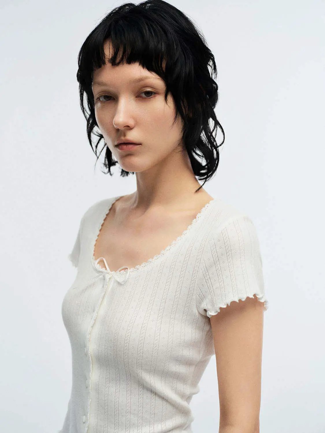 Scoop Neck Button Ribbed Scalloped Cropped Short Sleeve Tee