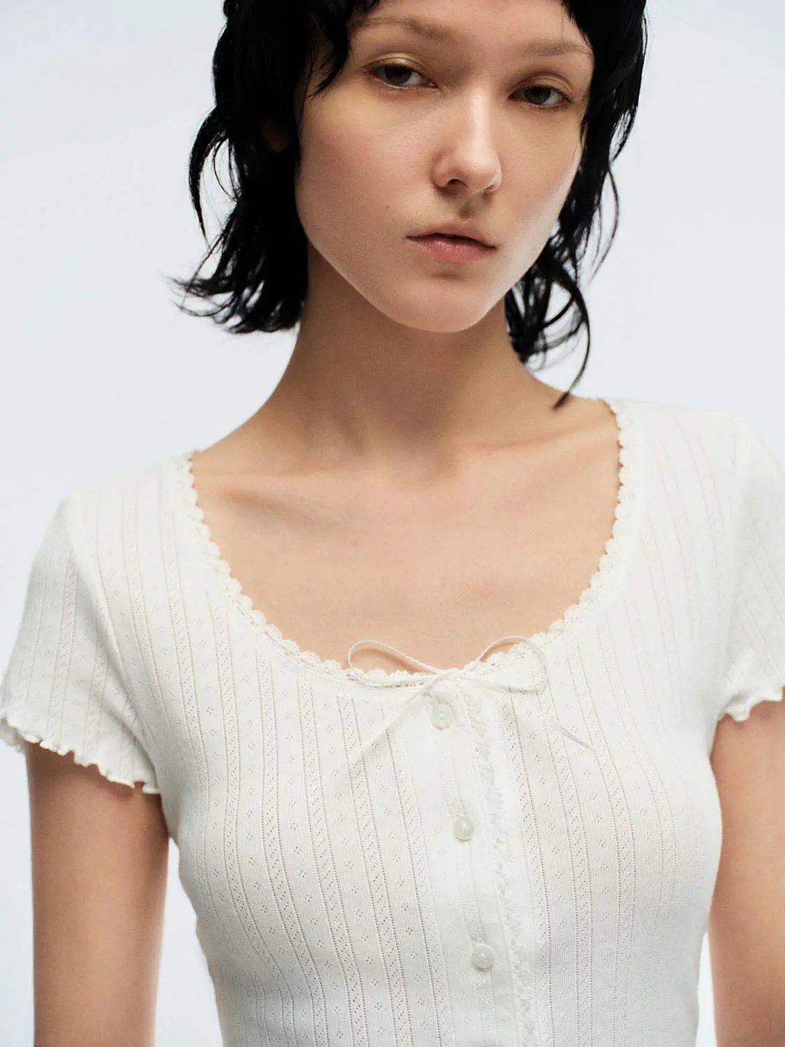 Scoop Neck Button Ribbed Scalloped Cropped Short Sleeve Tee