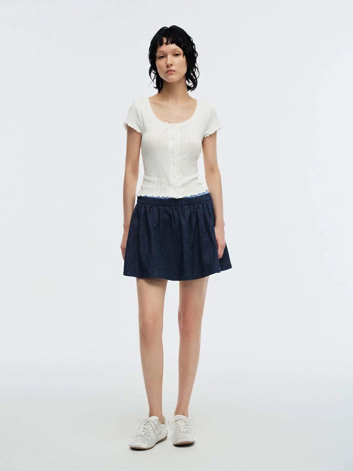 Scoop Neck Button Ribbed Scalloped Cropped Short Sleeve Tee