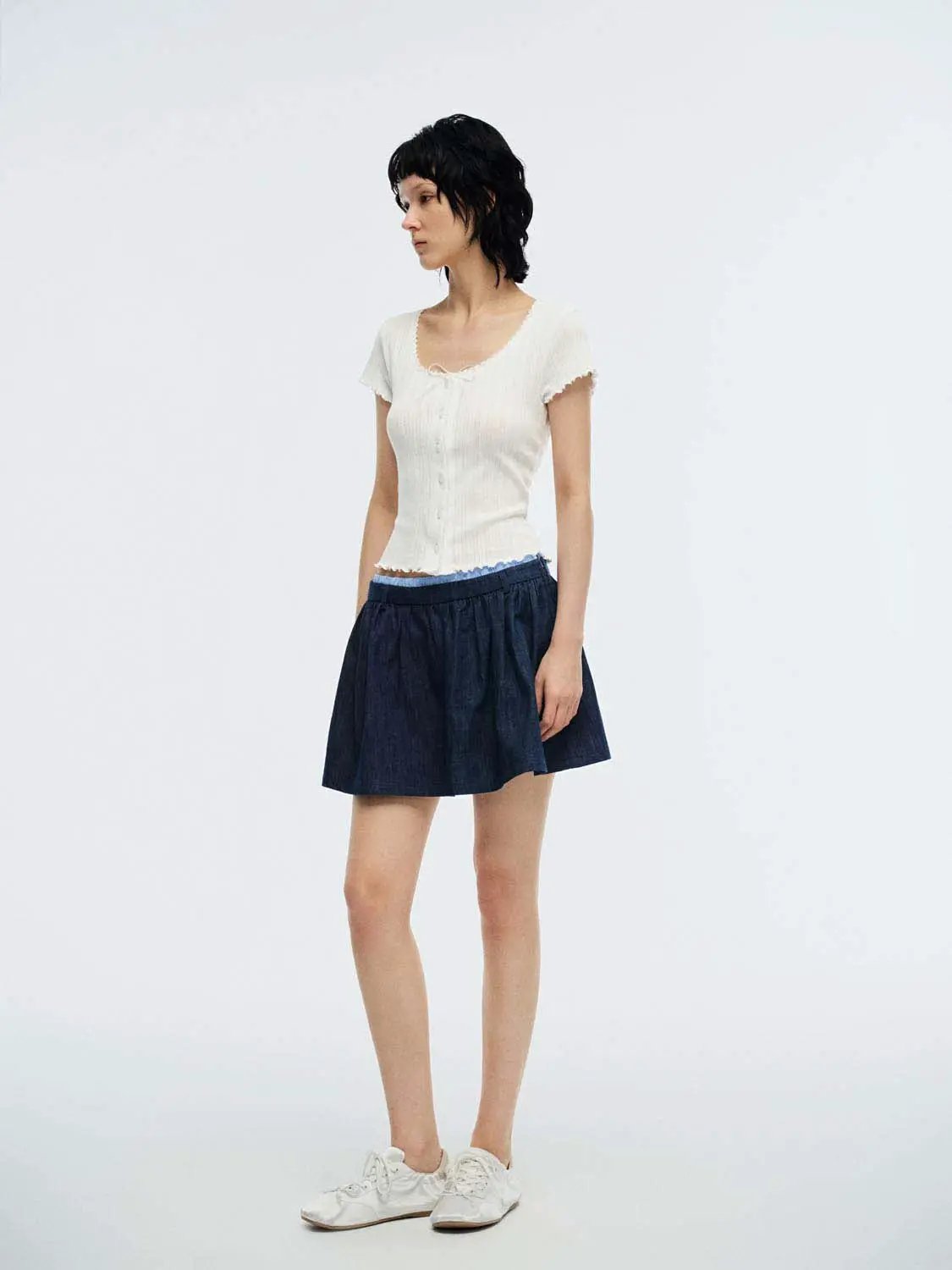 Scoop Neck Button Ribbed Scalloped Cropped Short Sleeve Tee