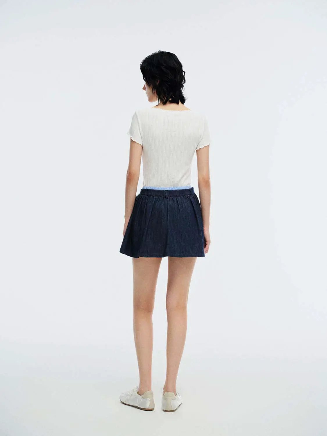 Scoop Neck Button Ribbed Scalloped Cropped Short Sleeve Tee
