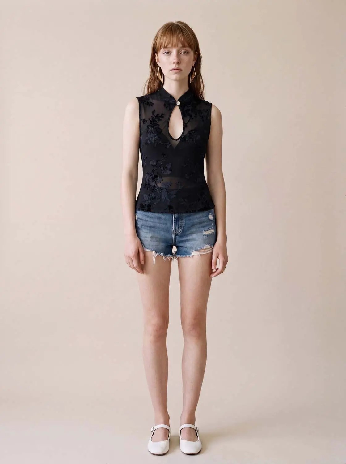Embroidered Sheer Floral Mesh Sleeveless Blouse