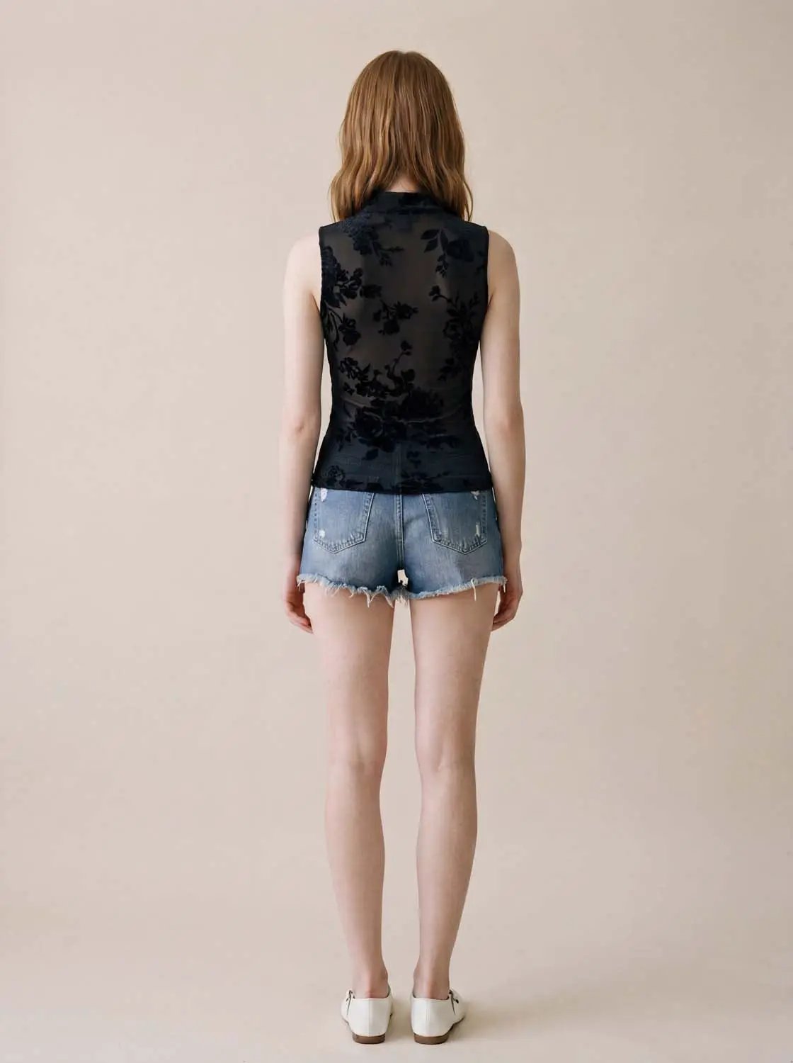 Embroidered Sheer Floral Mesh Sleeveless Blouse