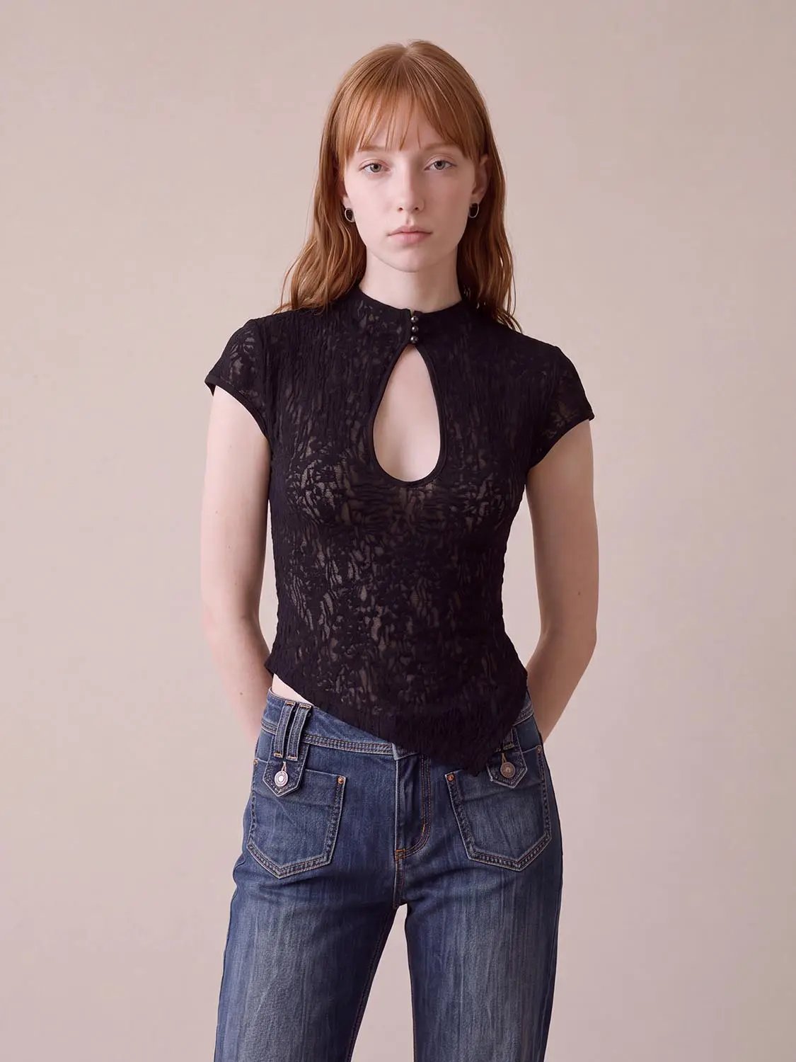 Keyhole Button Lace Fitted Mock Neck Short Sleeve T-Shirt