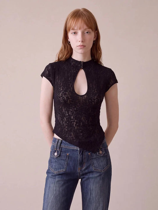 Keyhole Button Lace Fitted Mock Neck Short Sleeve T-Shirt