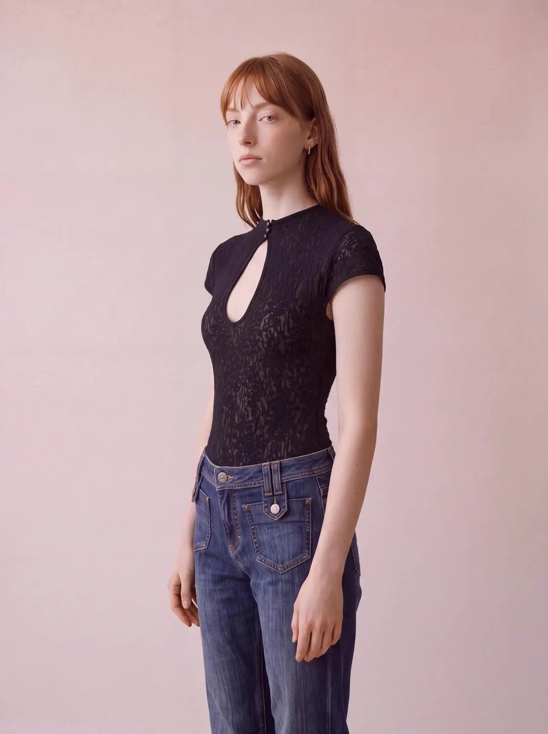 Keyhole Button Lace Fitted Mock Neck Short Sleeve T-Shirt
