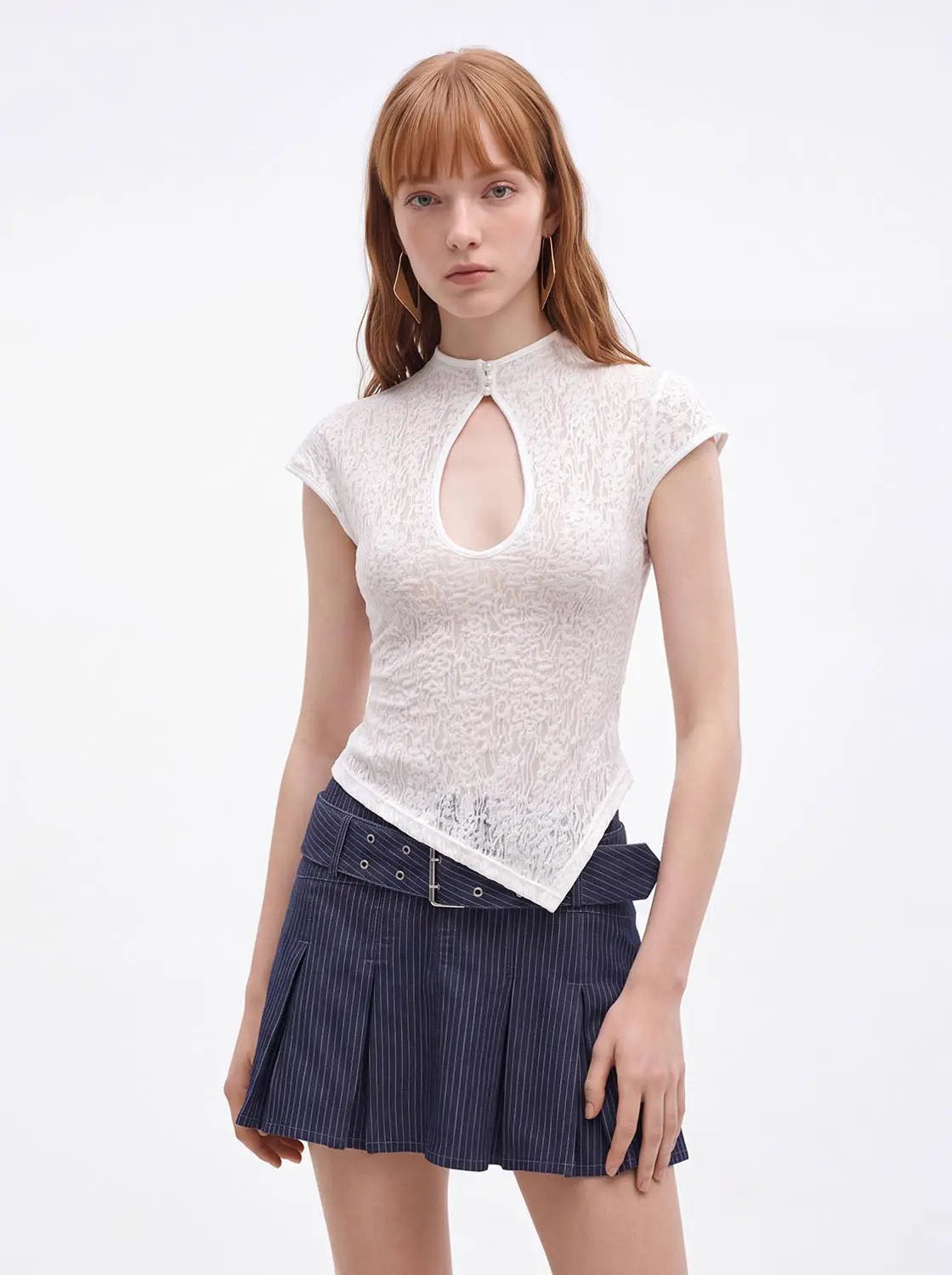 Keyhole Button Lace Fitted Mock Neck Short Sleeve T-Shirt