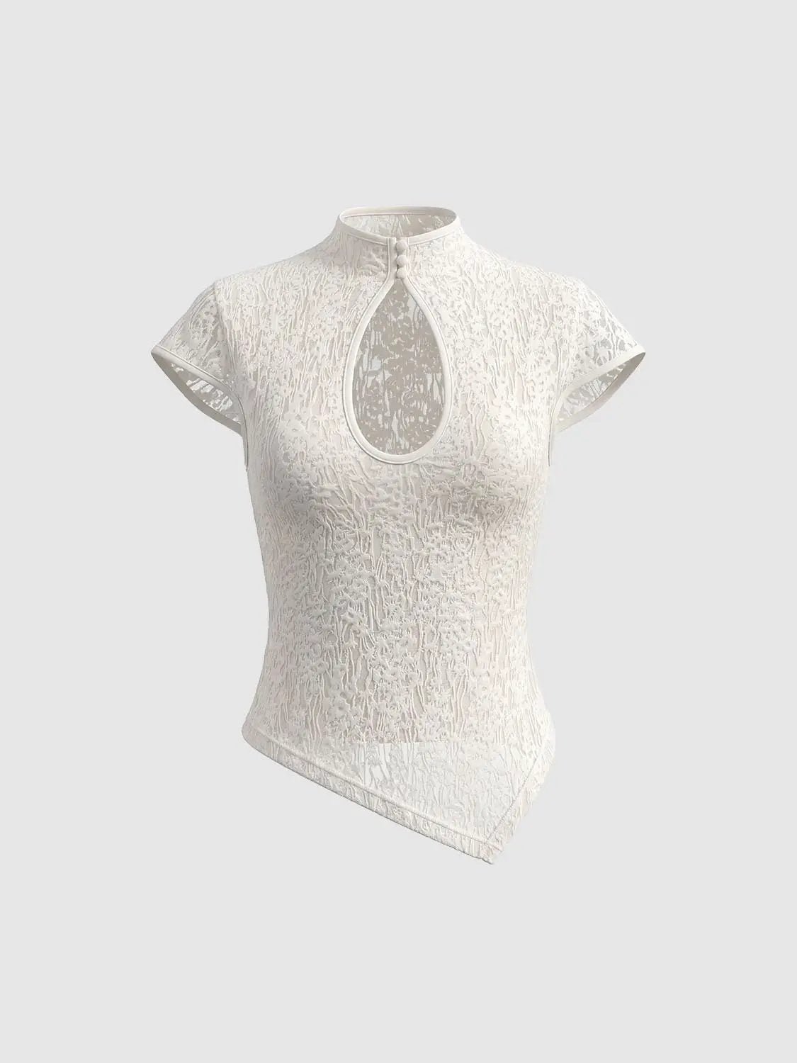 Keyhole Button Lace Fitted Mock Neck Short Sleeve T-Shirt