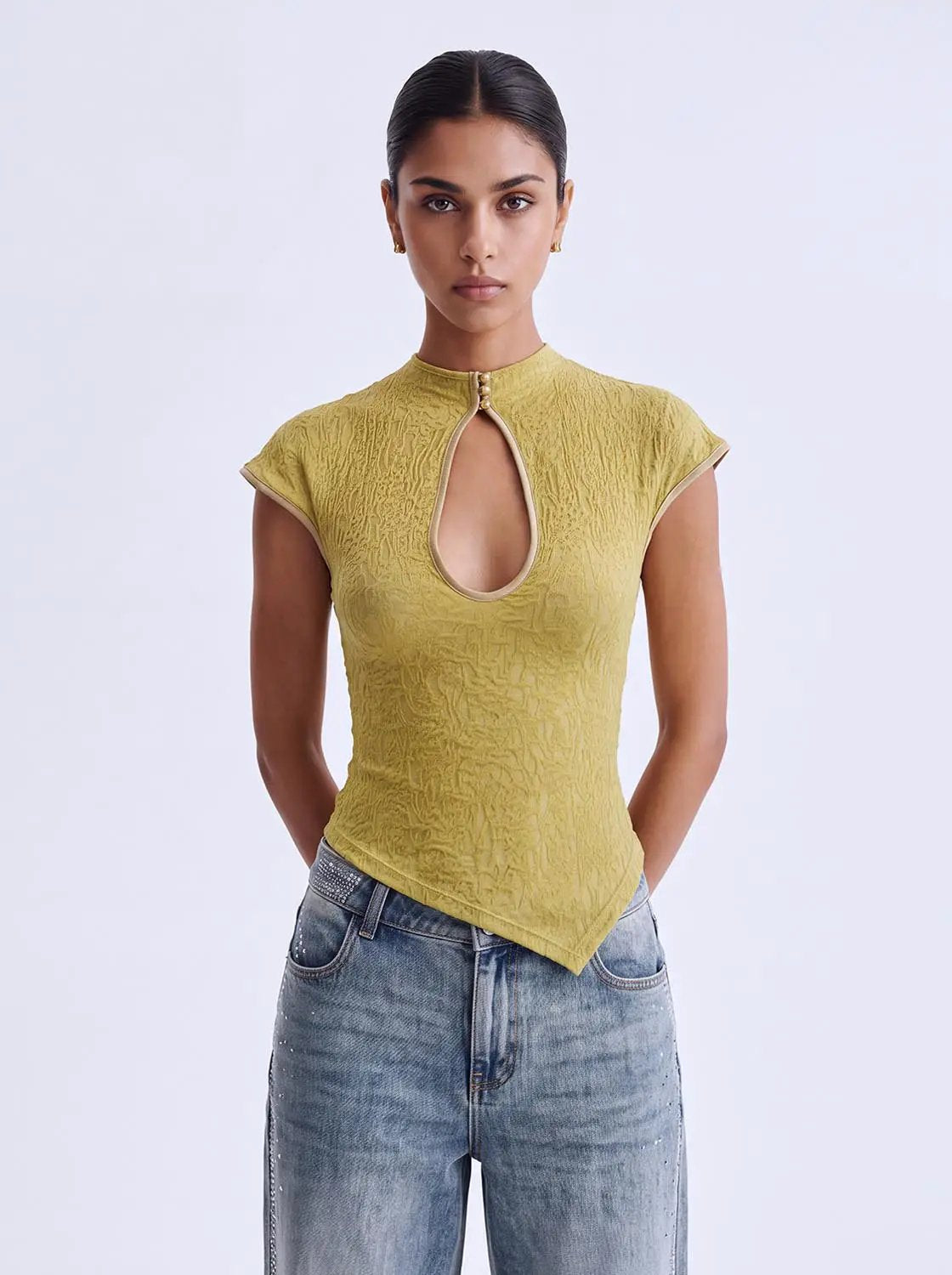 Keyhole Button Lace Fitted Mock Neck Short Sleeve T-Shirt