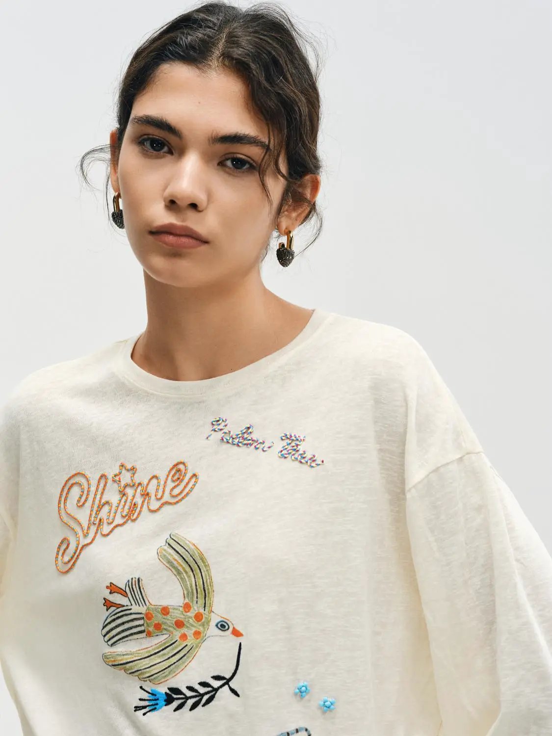 Embroidered Bird Crew Neck Long Sleeve Cotton Blend T-Shirt
