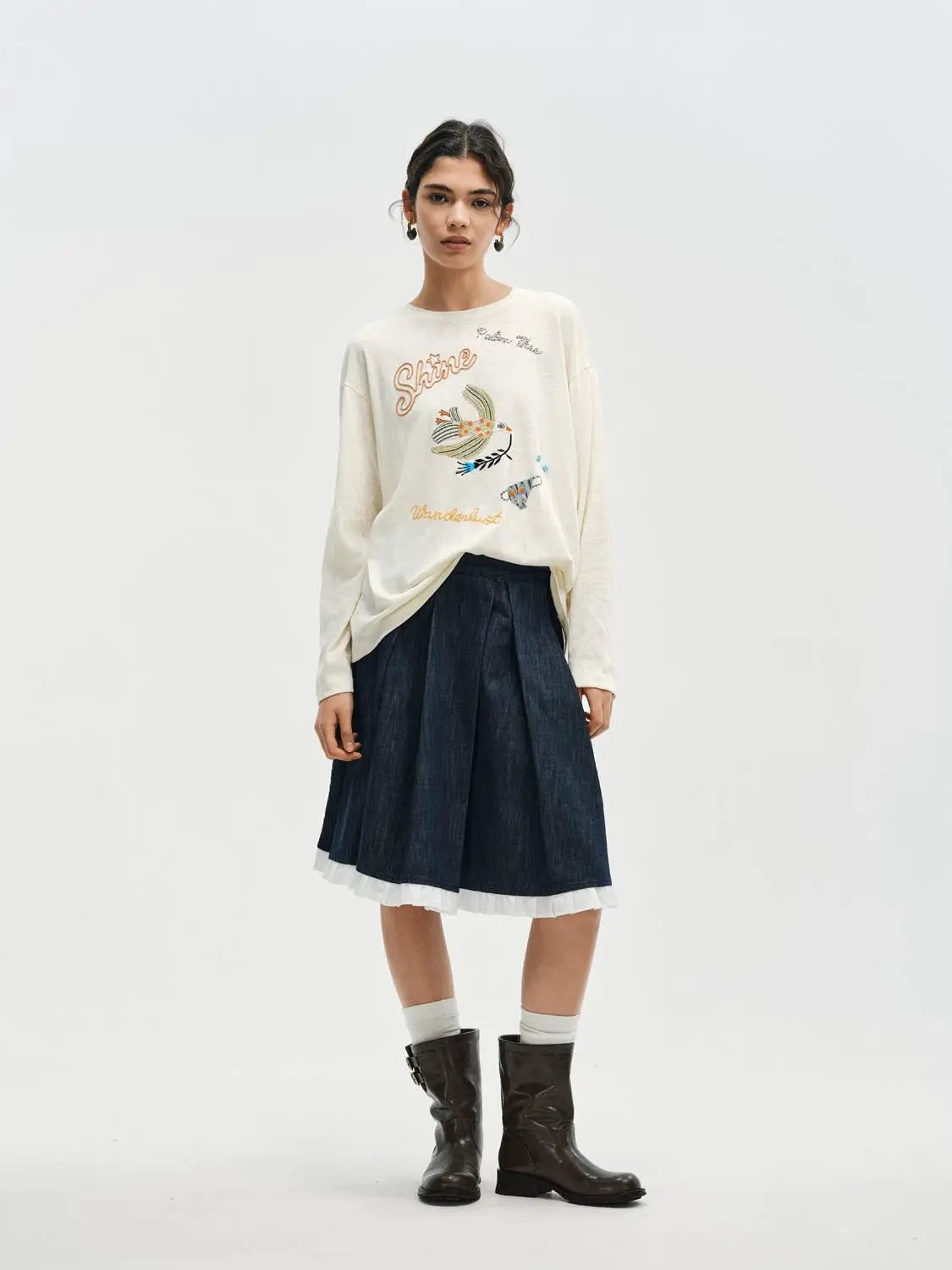 Embroidered Bird Crew Neck Long Sleeve Cotton Blend T-Shirt