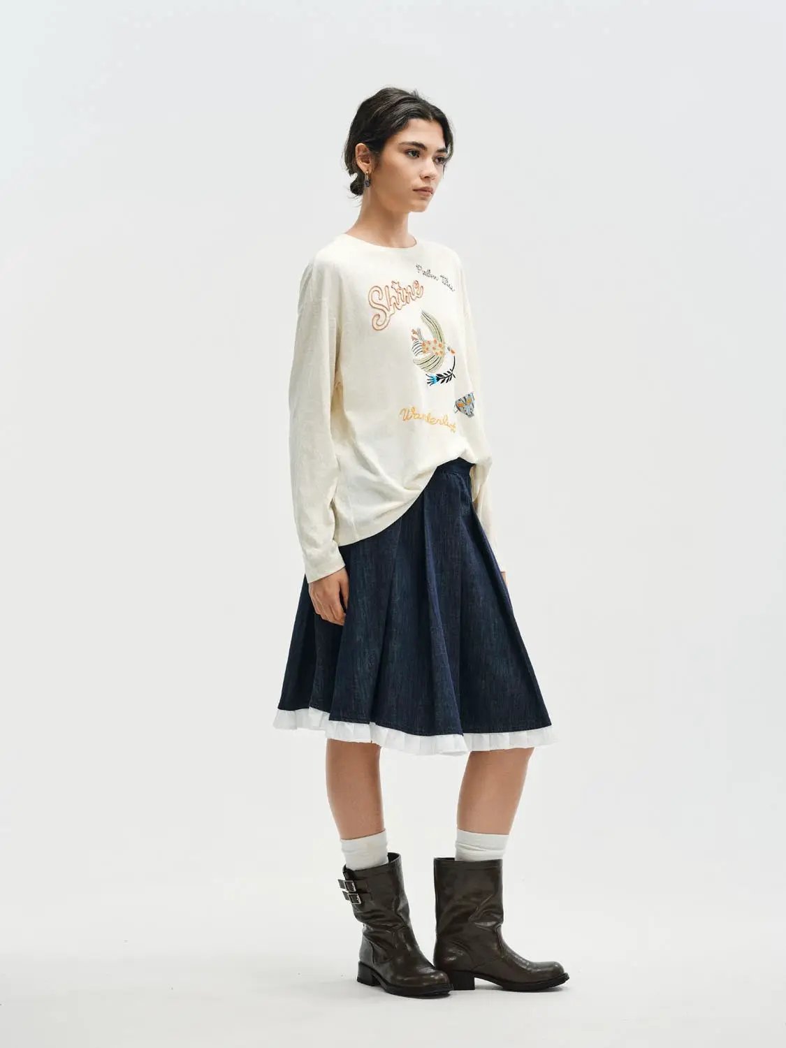 Embroidered Bird Crew Neck Long Sleeve Cotton Blend T-Shirt