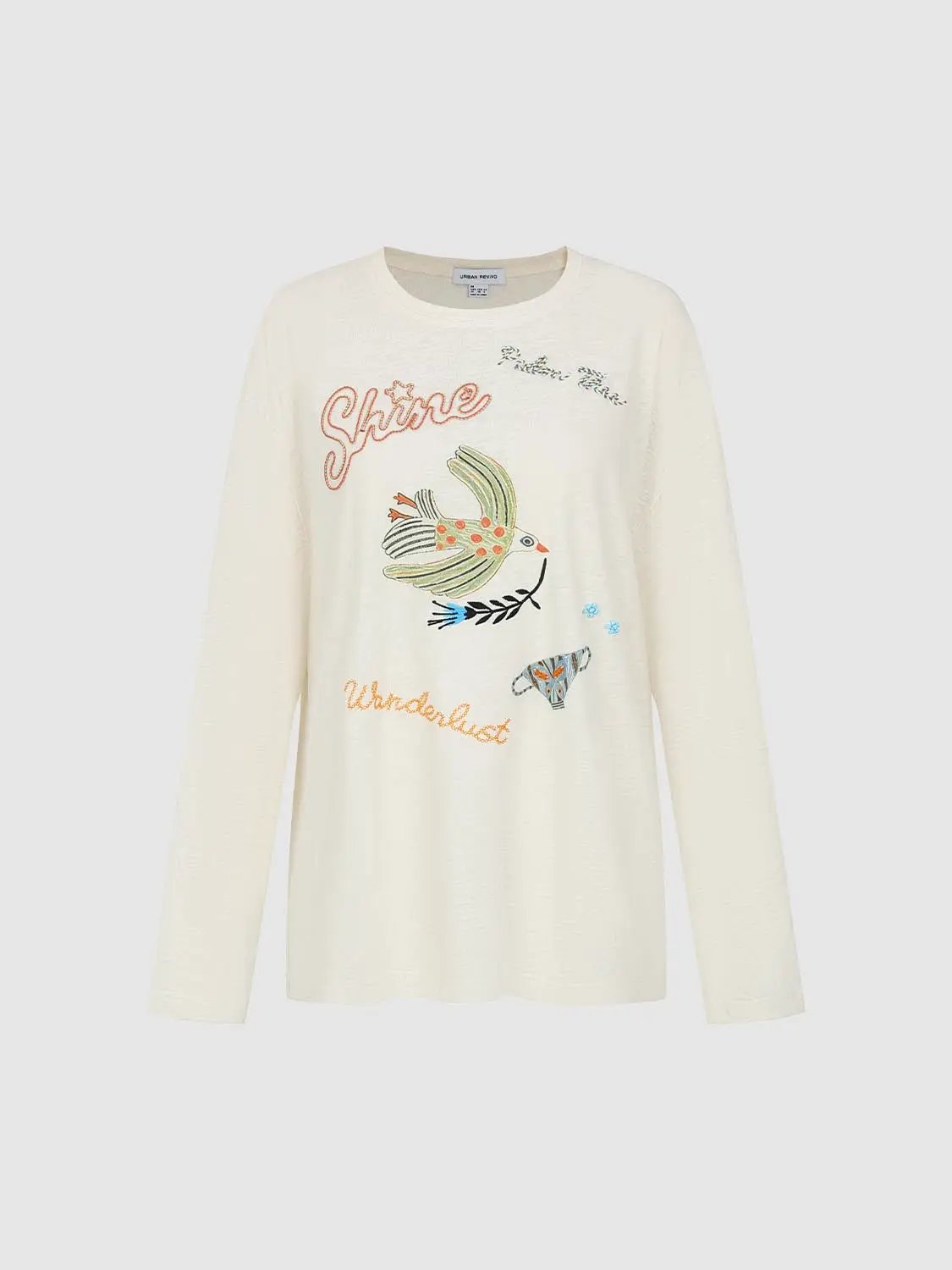 Embroidered Bird Crew Neck Long Sleeve Cotton Blend T-Shirt