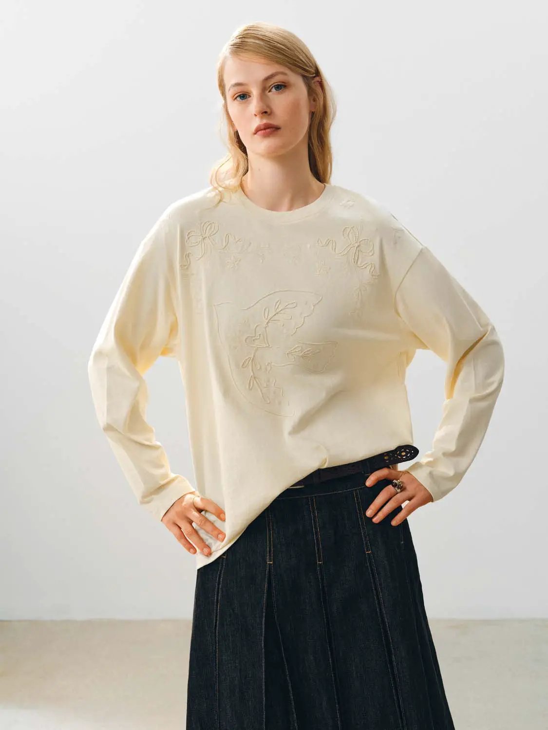 Embroidered Long Sleeve Crew Neck Cotton T-shirt