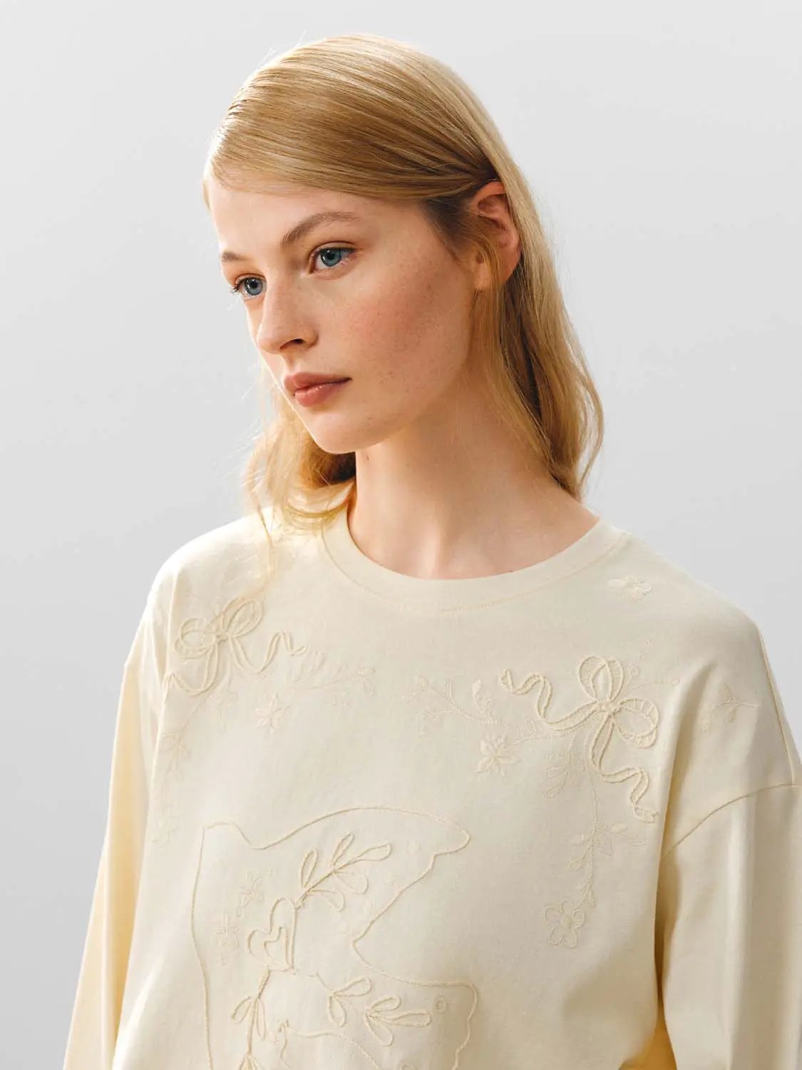 Embroidered Long Sleeve Crew Neck Cotton T-shirt