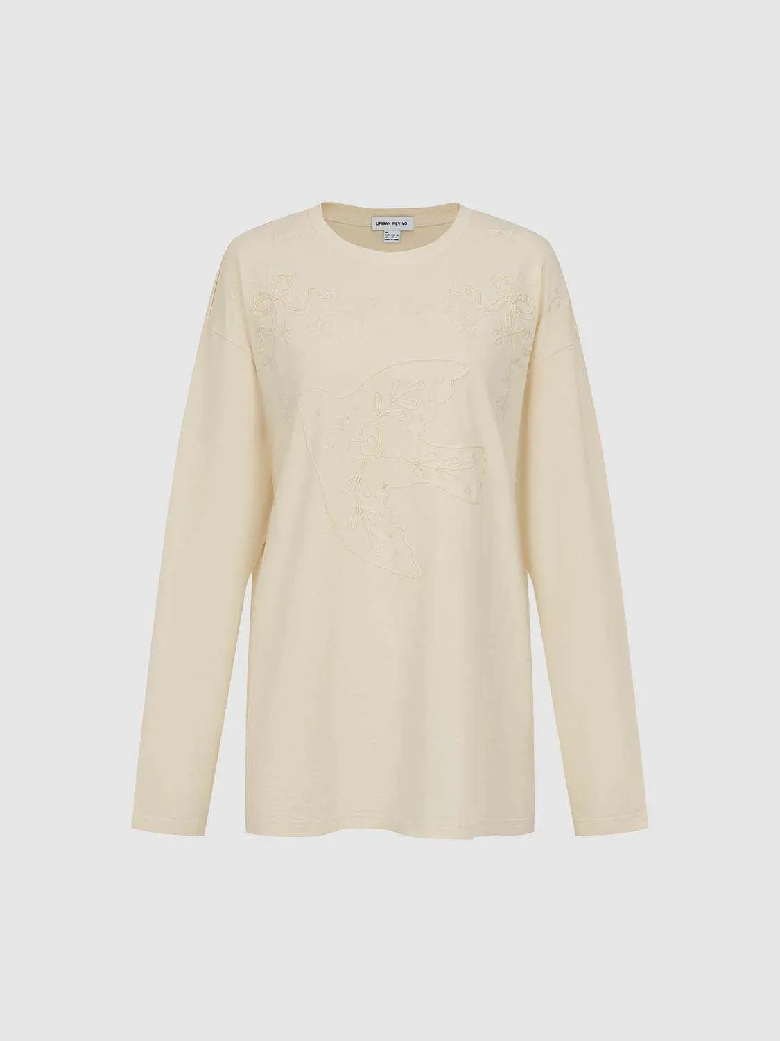 Embroidered Long Sleeve Crew Neck Cotton T-shirt