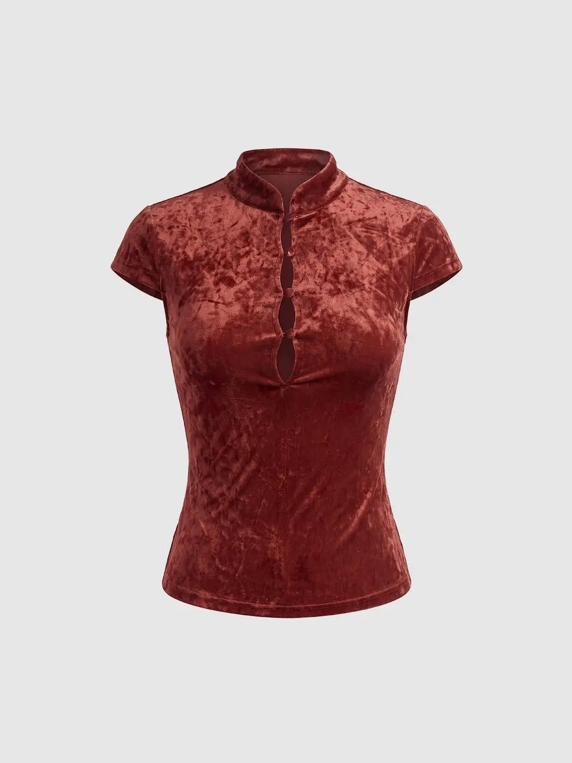 Textured Keyhole Mandarin Collar Short Sleeve T-Shirt