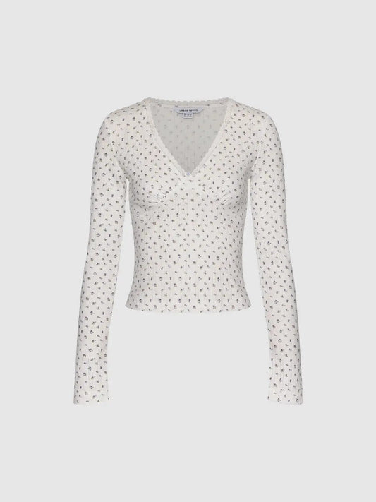 Fitted Floral Print Ribbed V-Neck Long Sleeve Cotton T-Shirt